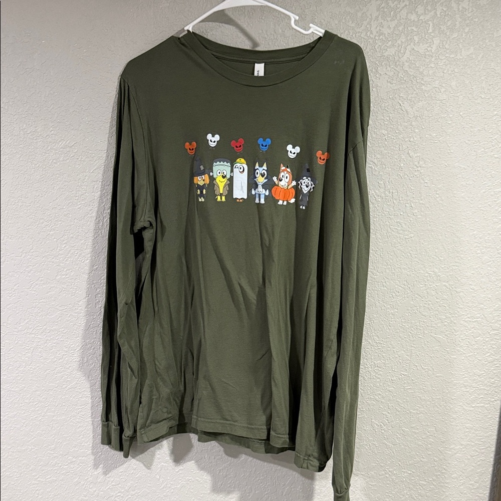 Green Long Sleeve Shirt with Cartoon Characters